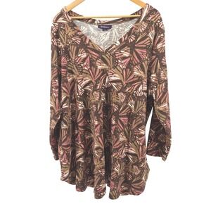 Roamans‎ Plus Size 1X 22/24 Long Sleeve Butterfly Print Textured Top Brown Tunic